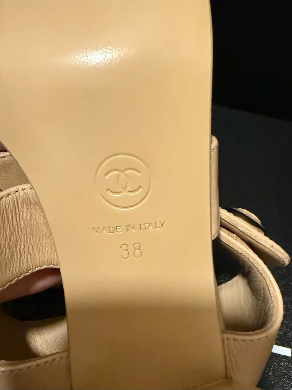 CHANEL Beige Triple-Strap Block Heel Sandals with Gold CC Buttons